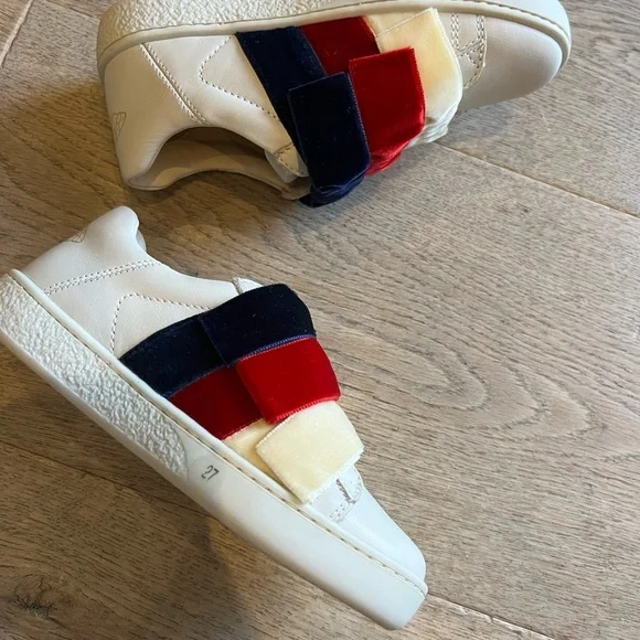 New Gucci velvet bow cream leather sneakers